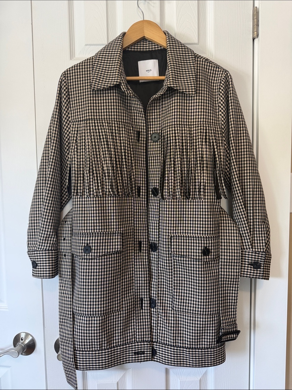 Mango Black and Tan Gingham Fringe Trench Coat